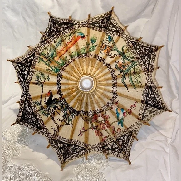 Authentic Vintage handmade Small Asian Art paper wood‎ shaft umbrella - Picture 10 of 11